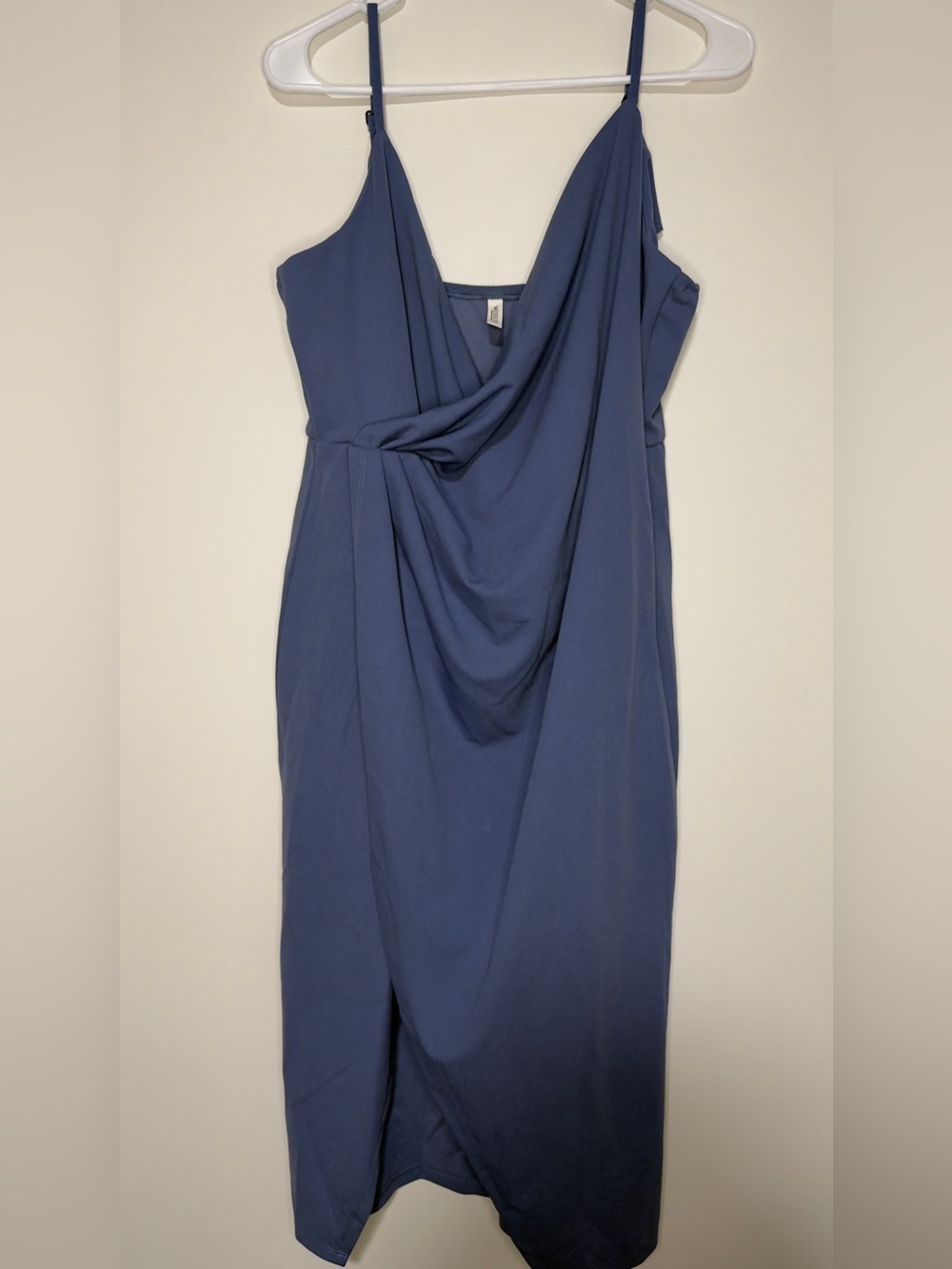 Draped Slate Blue Midi Dress with Cowl Front